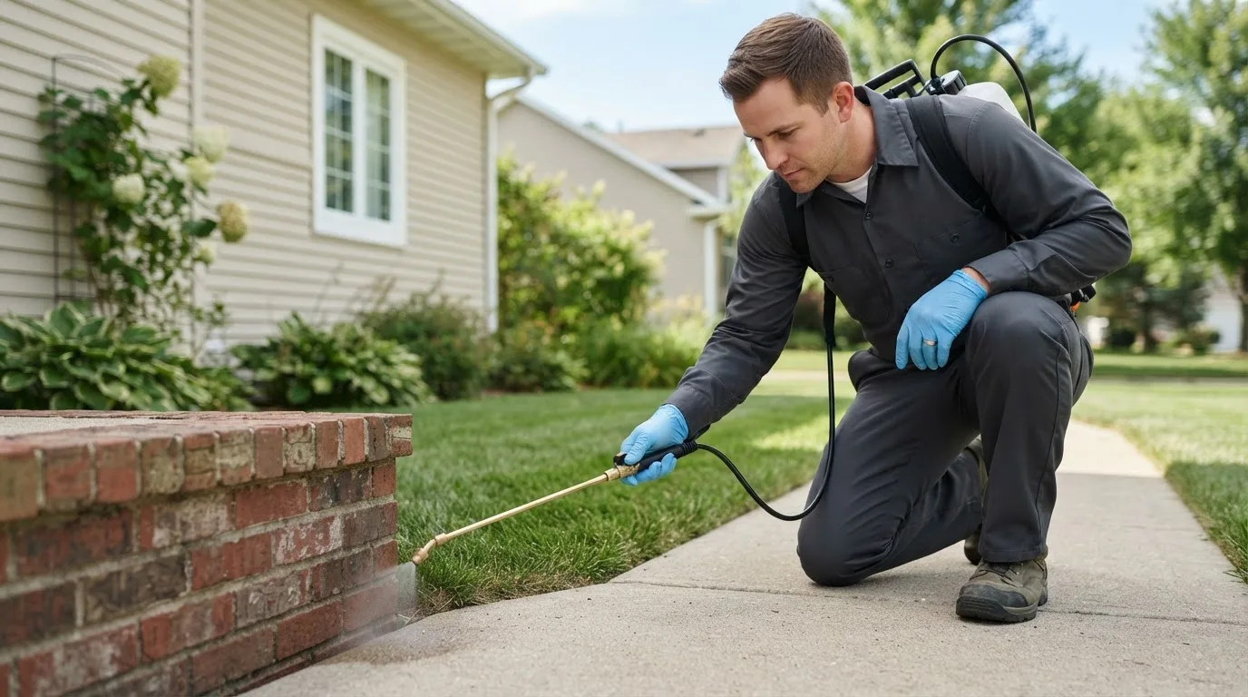 Pest control technician treating a home near Fontana, CA